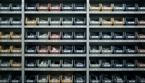 Des étagères métalliques contenant des récipients en plastique étiquetés et des sacs antistatiques, servant de fond professionnel pour la réparation de téléphones mobiles.