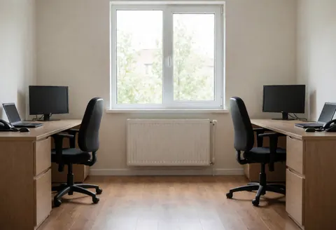 Vue d'un bureau professionnel avec radiateur blanc sous fenêtre, tables en bois et chaises noires, illustrant une installation de chauffage dans un espace de travail moderne.