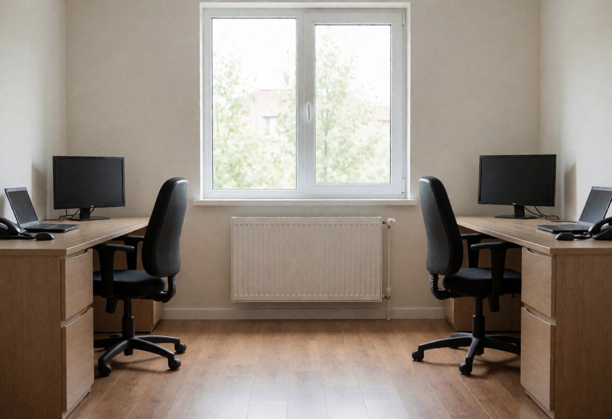 Vue d'un bureau professionnel avec radiateur blanc sous fenêtre, tables en bois et chaises noires, illustrant une installation de chauffage dans un espace de travail moderne.