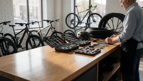 Atelier de réparation de vélos présentant des outils professionnels, des pneus et des casques sur une table en bois, avec des vélos en arrière-plan.