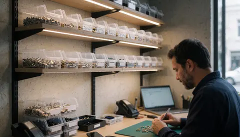 Technicien réparant un téléphone dans un atelier avec des étagères de vis organisées et un environnement professionnel.