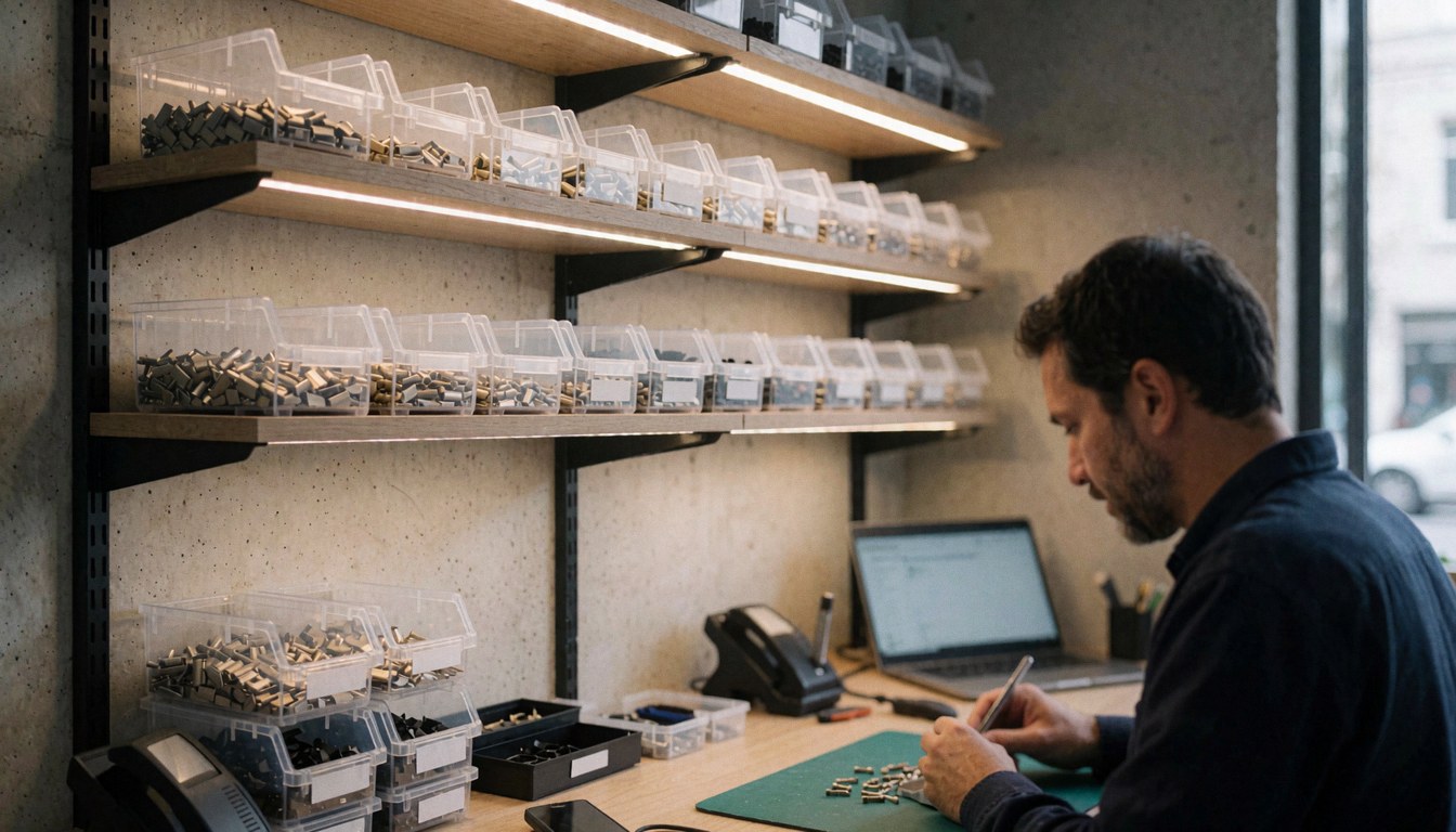 Technicien réparant un téléphone dans un atelier avec des étagères de vis organisées et un environnement professionnel.