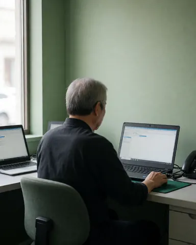 Un technicien effectue une réparation sur un ordinateur portable dans un bureau éclairé par la lumière naturelle, devant un mur vert apaisant.