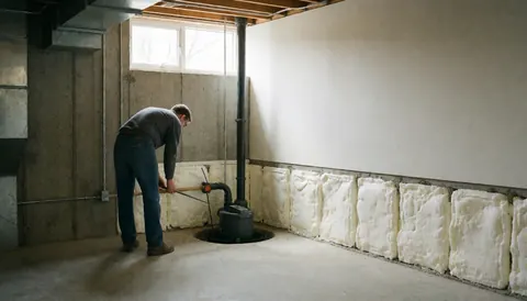 Un technicien installe un matériau d'isolation thermique blanc sur un mur de fondation en béton, près d'une pompe de puisard, éclairé par la lumière naturelle.