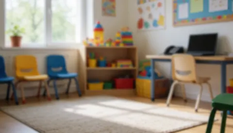 Fond de classe d'espagnol avec des chaises colorées, une étagère de jouets et de la lumière naturelle entrant par la fenêtre.