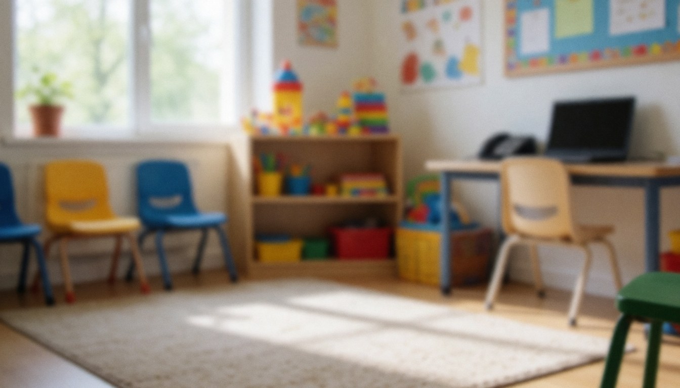 Fond de classe d'espagnol avec des chaises colorées, une étagère de jouets et de la lumière naturelle entrant par la fenêtre.