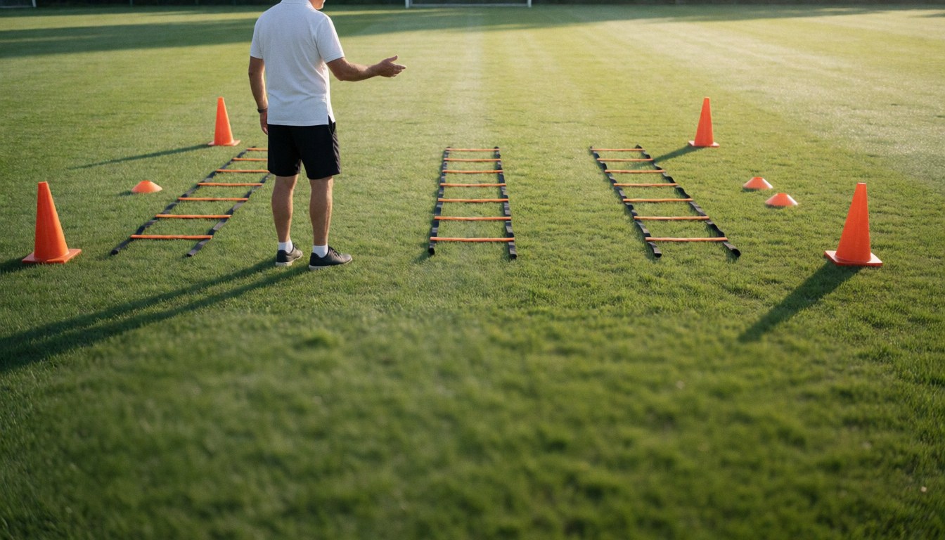 Entraîneur de football sur terrain en herbe avec échelles d'agilité et cônes orange, lumière du matin, idéal pour couverture de site web d'entraînement.