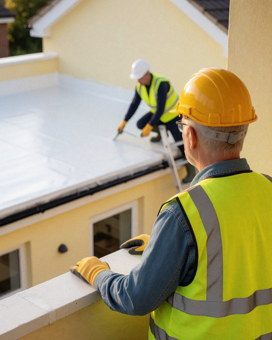 Cliente casquée observe un travailleur poser une membrane blanche sur un toit et des murs jaunes lors d'une opération d'étanchéification.