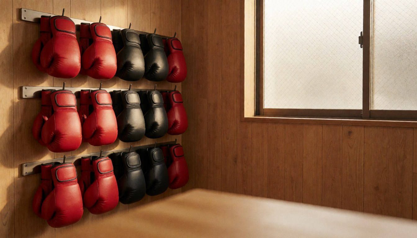 Gants de boxe rouges et noirs suspendus sur un mur en bois dans un coin de gymnase avec lumière naturelle.