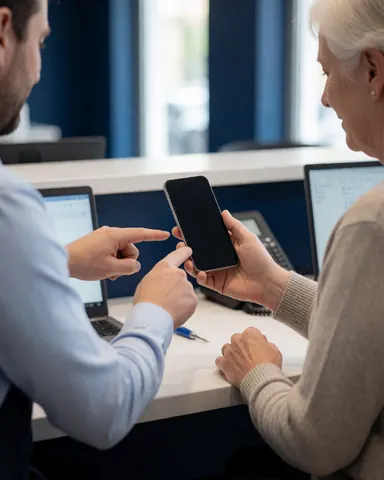 Un technicien et un client vérifient un téléphone portable dans une boutique de réparation, avec des tables et des téléphones visibles.
