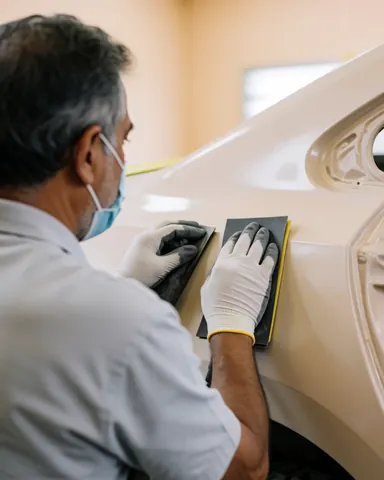 Un technicien portant un masque et des gants ponçant la carrosserie d'une voiture dans le cadre d'un service de peinture automobile.