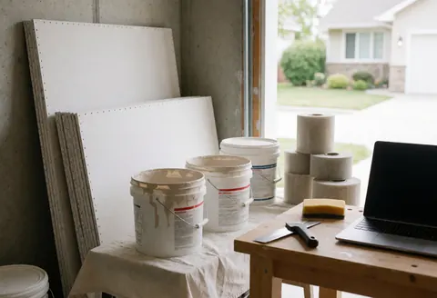 Atelier de réparation de murs avec des plaques de plâtre, des pots de mastic et des outils sur une table de travail, éclairé par la lumière naturelle.