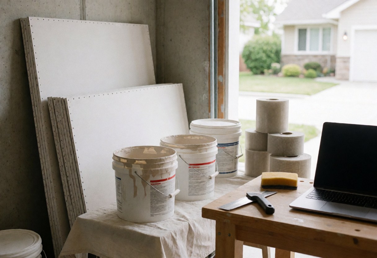 Atelier de réparation de murs avec des plaques de plâtre, des pots de mastic et des outils sur une table de travail, éclairé par la lumière naturelle.