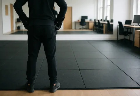 Instructeur de dos avec gants en maille de caoutchouc face aux miroirs dans un gymnase moderne.