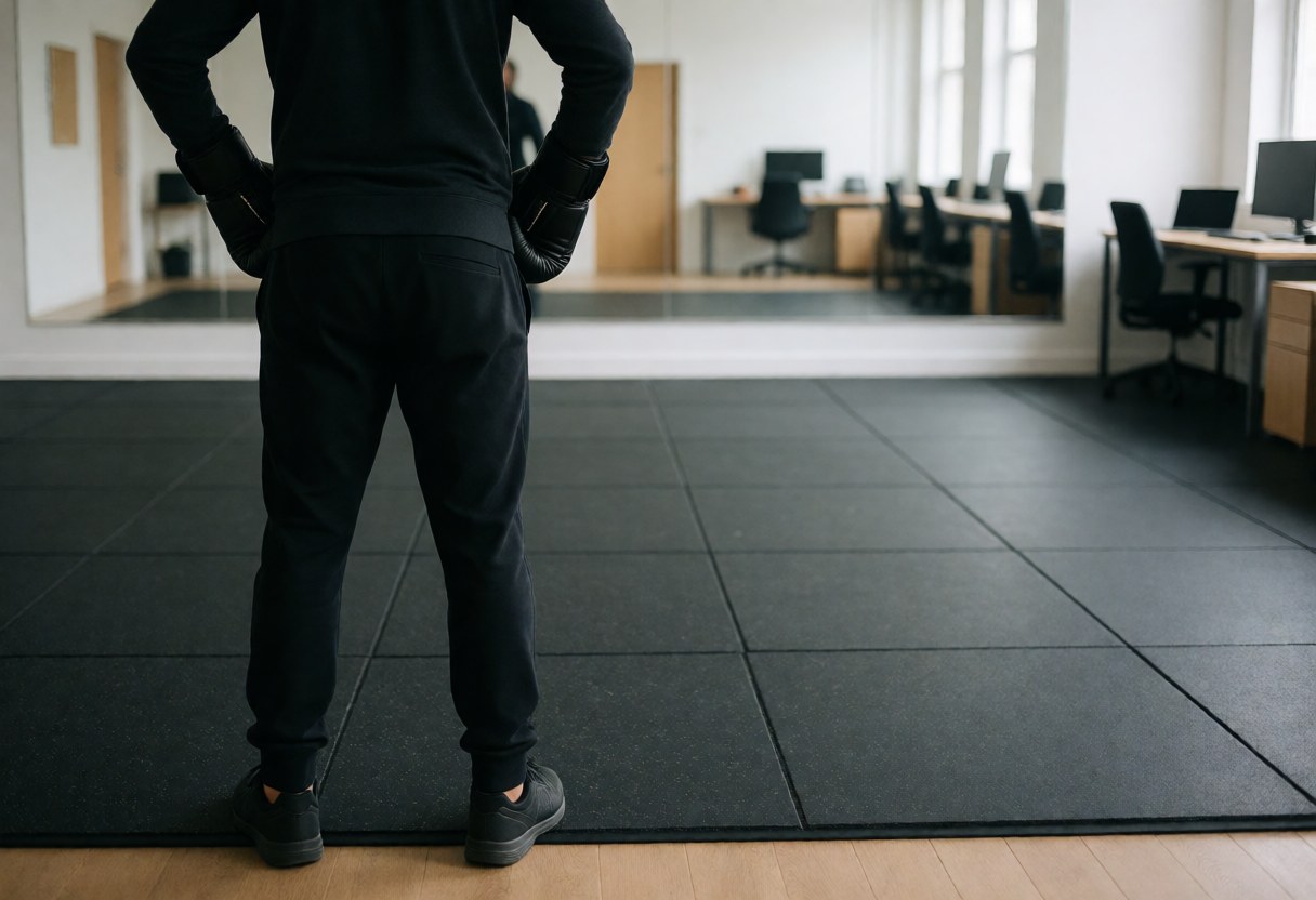 Instructeur de dos avec gants en maille de caoutchouc face aux miroirs dans un gymnase moderne.