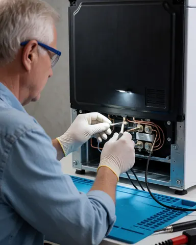 Technicien portant gants et lunettes effectuant une réparation sur un réfrigérateur avec des outils sur un tapis bleu éclairé par une lumière LED vive.