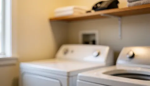 Arrière-plan d'un sèche-linge blanc dans une buanderie avec étagère en bois et mur beige, idéal pour les services de réparation d'appareils électroménagers.