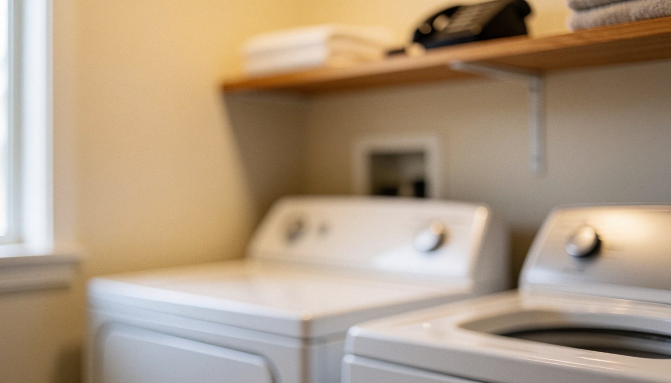 Arrière-plan d'un sèche-linge blanc dans une buanderie avec étagère en bois et mur beige, idéal pour les services de réparation d'appareils électroménagers.
