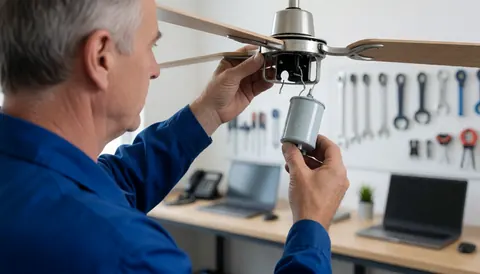 Un technicien en uniforme bleu pose un nouveau condensateur sur un ventilateur de plafond dans un atelier propre et bien éclairé avec des outils suspendus.