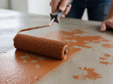 Un rouleau applique une couleur brun rougeâtre sur une surface en béton, mettant en valeur le détail d'une finition décorative.