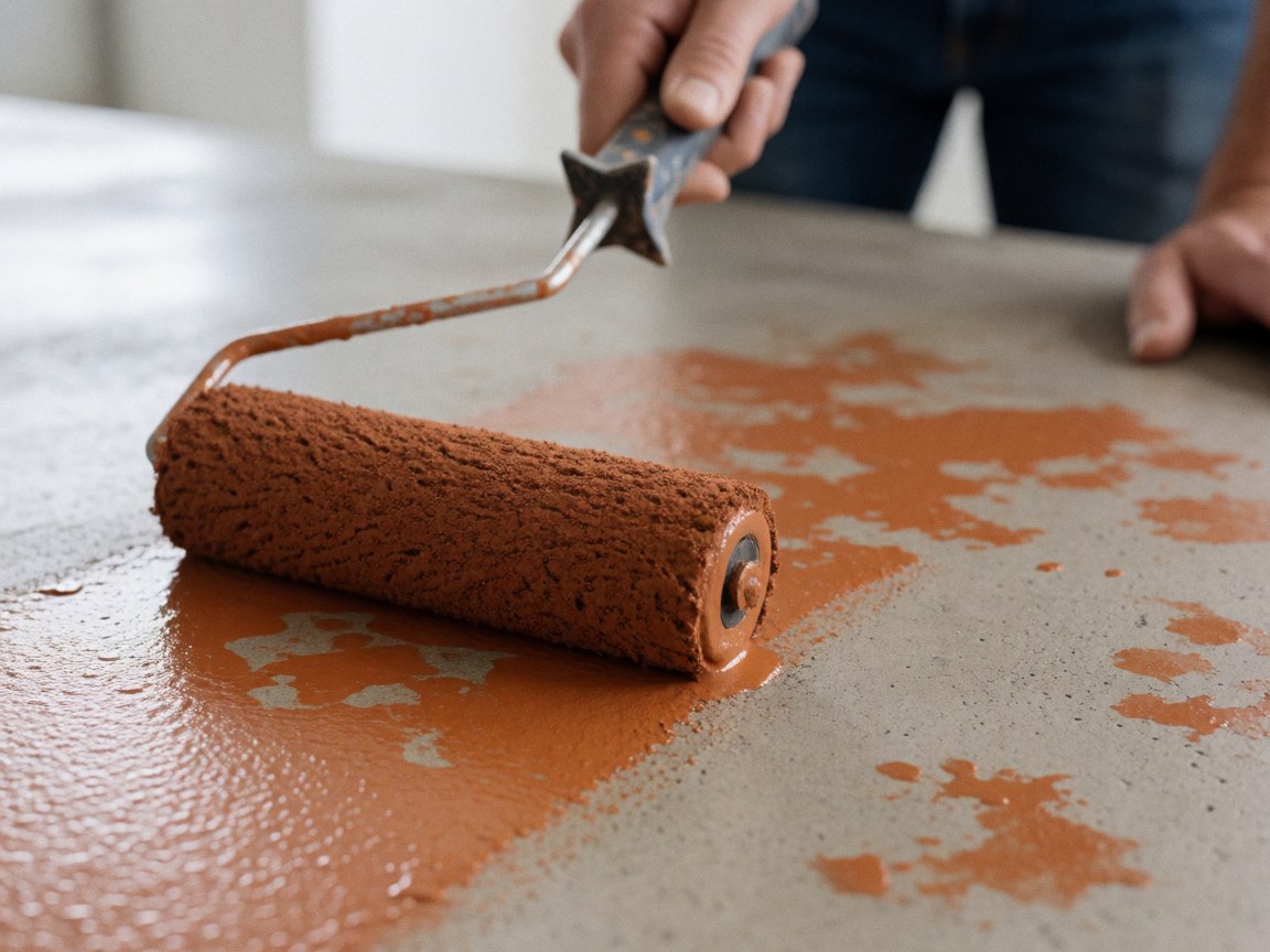 Un rouleau applique une couleur brun rougeâtre sur une surface en béton, mettant en valeur le détail d'une finition décorative.