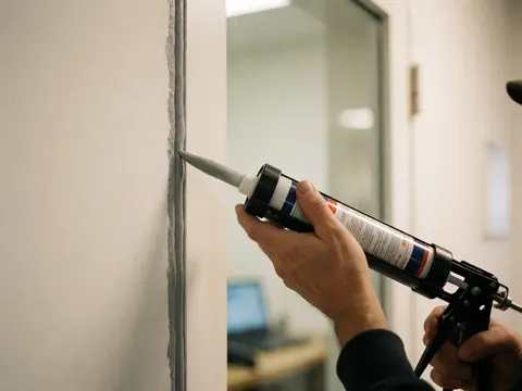 Une main applique un mastic gris sur le cadre blanc d'une fenêtre en verre, illustrant une réparation de vitrage en cours.