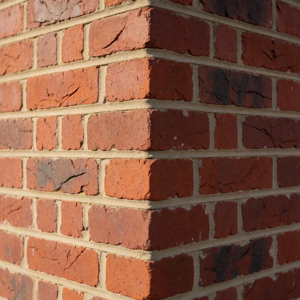 Mur de briques rouges avec mortier bien appliqué, coin vertical, lumière solaire, idéal pour entreprise de maçonnerie.