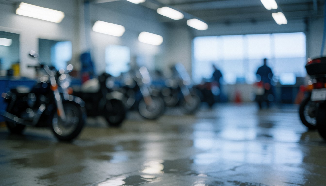 Sol mouillé d'un atelier de motos reflétant les lumières du plafond, avec des silhouettes floues de personnes et des motos stationnées en arrière-plan.
