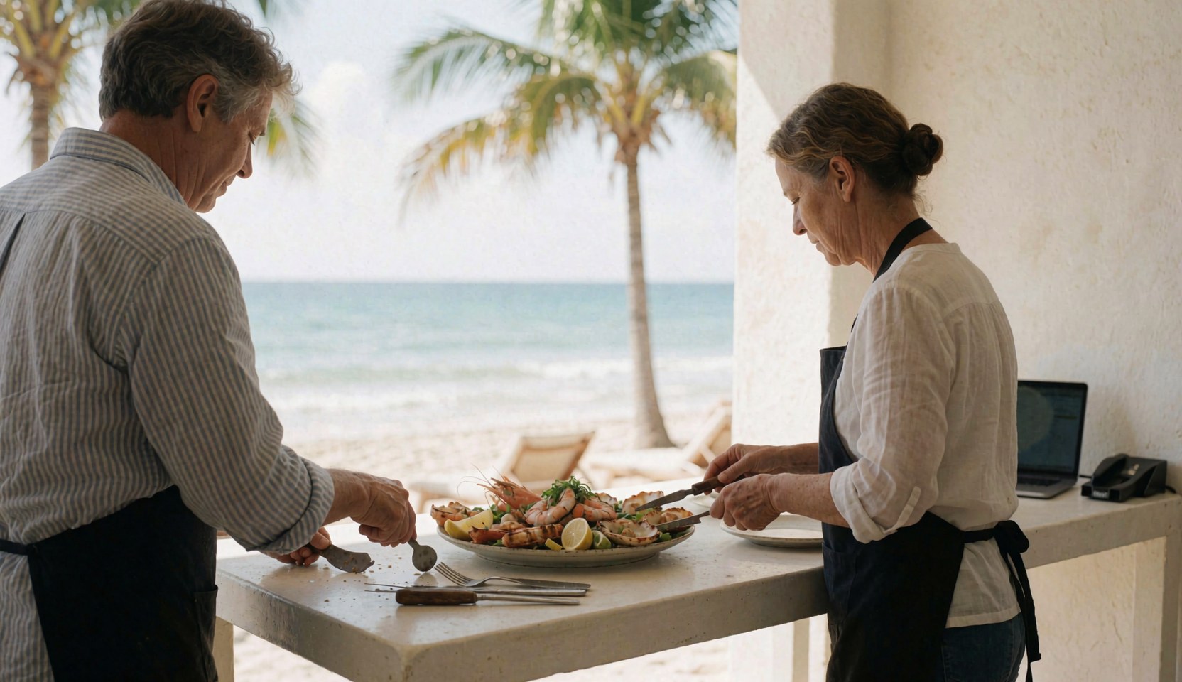 Deux personnes servant un plat de fruits de mer grillés sur une table blanche face à l'océan et aux palmiers dans un restaurant de plage.