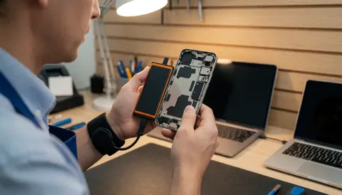 Un technicien tient une batterie neuve devant le châssis vide d'un téléphone dans un atelier de réparation avec des murs en bois et une lumière chaude.