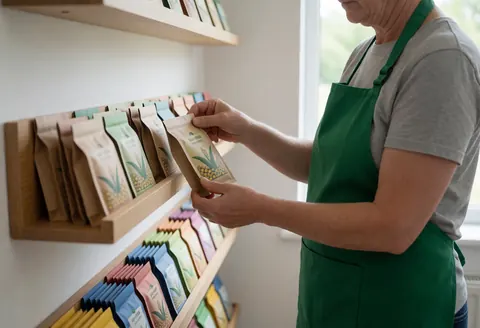 Un professionnel portant un tablier vert choisit un paquet de semences dans un magasin avec des étagères en bois et une lumière naturelle.