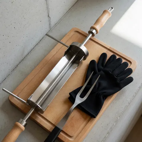Broche en acier inoxydable accompagnée de gants et d'une fourchette posés sur une planche en bois, idéale pour les campings et barbecues en plein air.