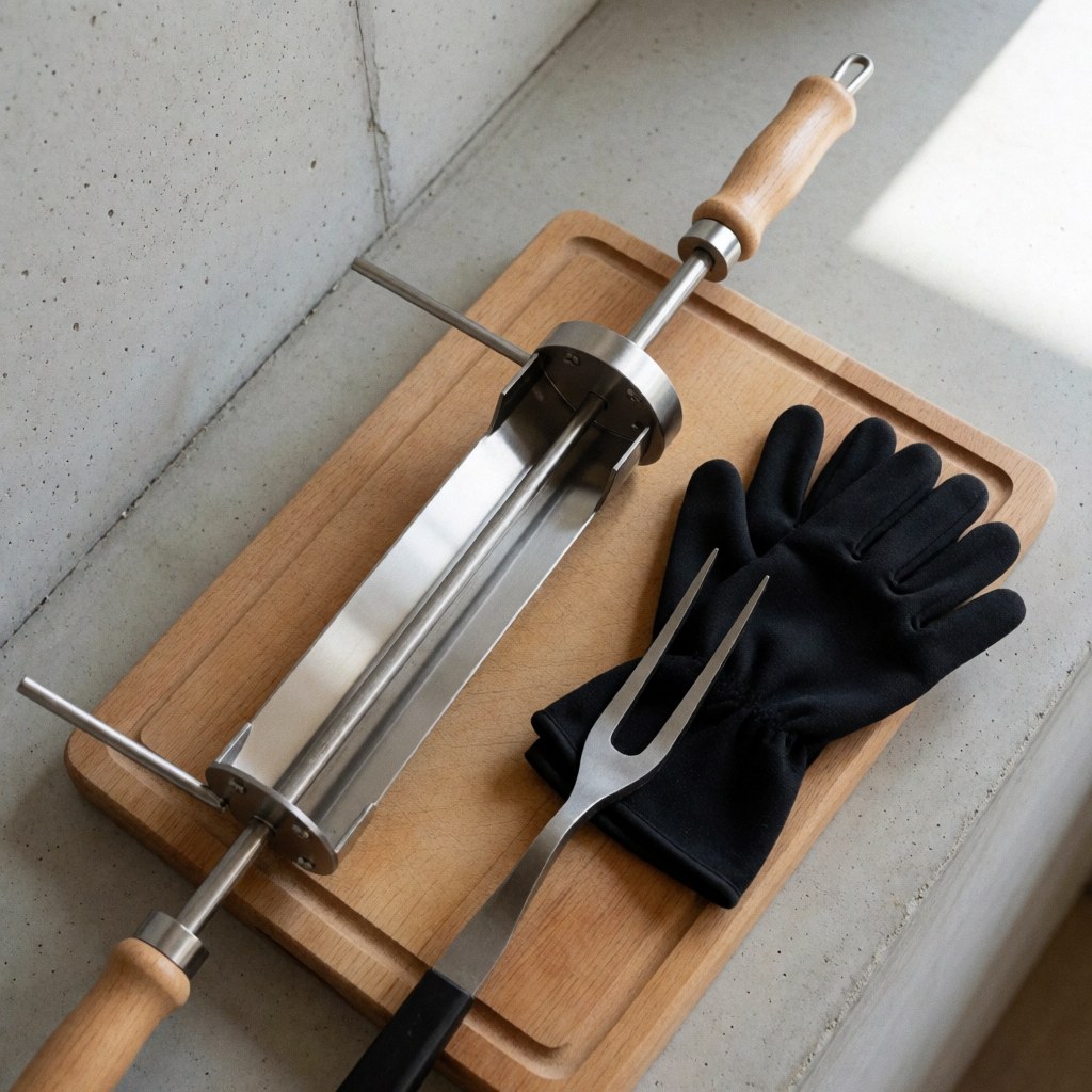 Broche en acier inoxydable accompagnée de gants et d'une fourchette posés sur une planche en bois, idéale pour les campings et barbecues en plein air.