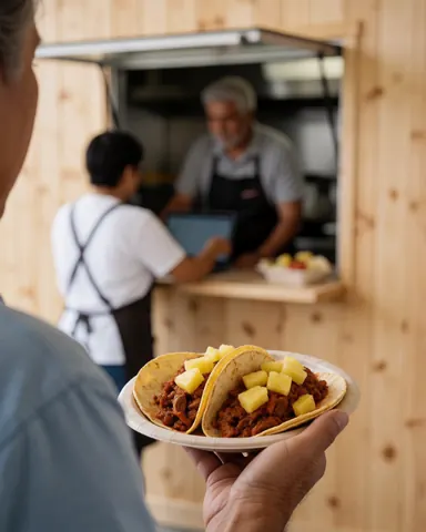 Une cliente reçoit deux tacos al pastor garnis de pineapple depuis un camion de nourriture. Des murs en bois et du personnel en arrière-plan.