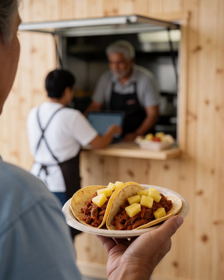 Une cliente reçoit deux tacos al pastor garnis de pineapple depuis un camion de nourriture. Des murs en bois et du personnel en arrière-plan.