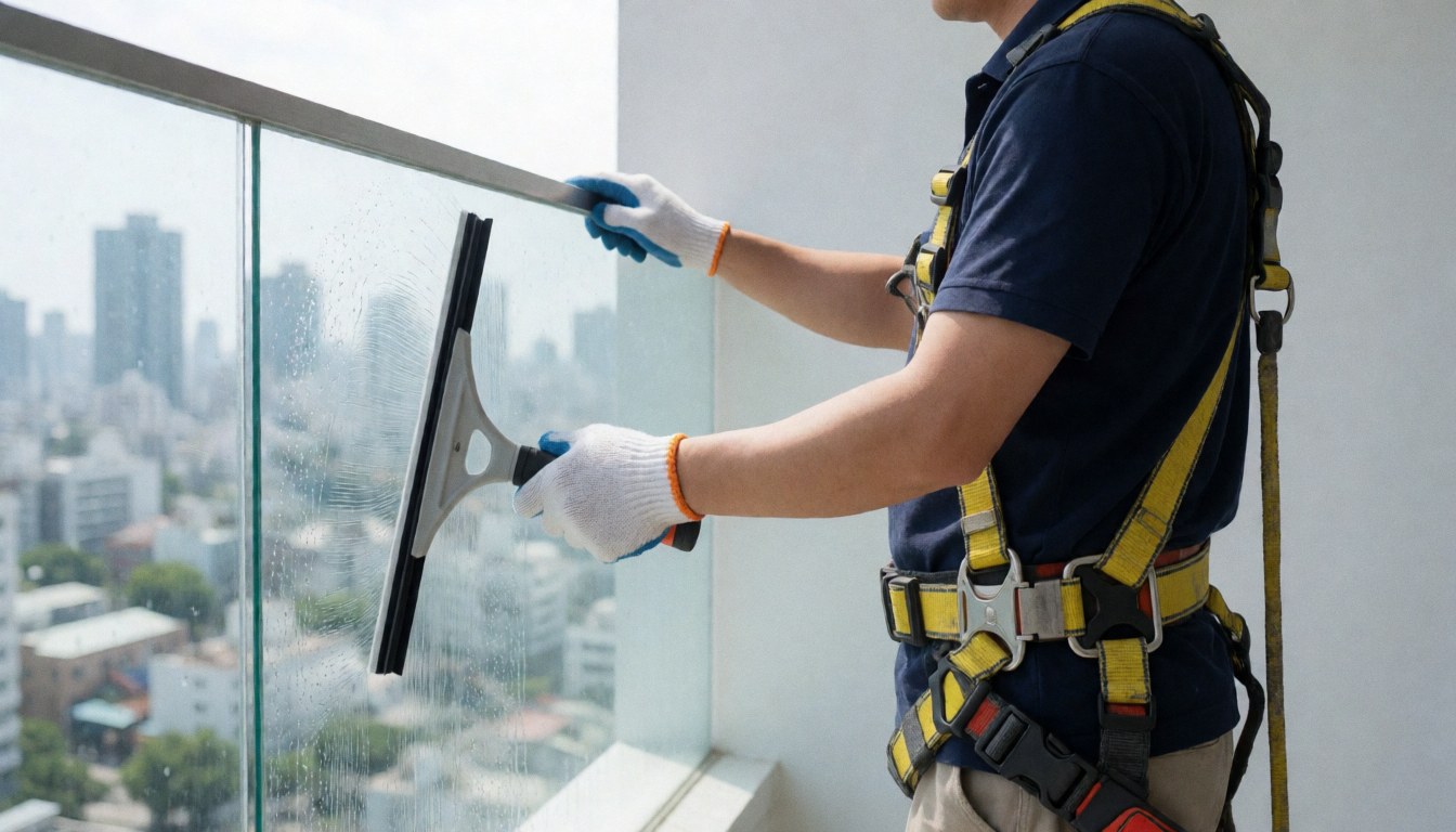 Un ouvrier équipé d'un harnais et de gants utilise une raclette pour nettoyer une vitre de balcon avec une ville en arrière-plan sous un ciel ensoleillé