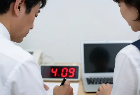 Scène de travail professionnel montrant deux adultes à un bureau avec une horloge digitale rouge et un ordinateur portable.