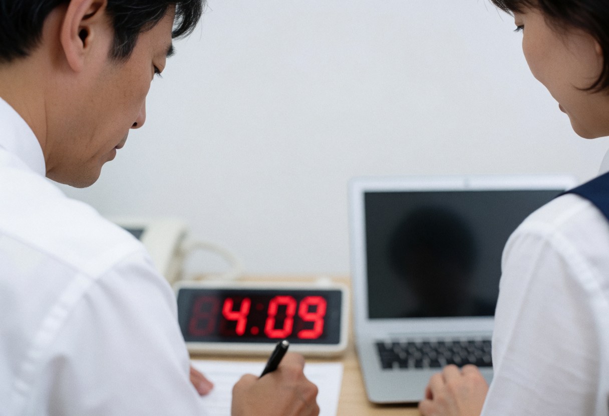 Scène de travail professionnel montrant deux adultes à un bureau avec une horloge digitale rouge et un ordinateur portable.