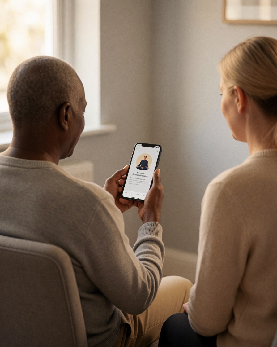 Cliente assise sur une chaise utilisant une application d'hypnothérapie sur son téléphone, dans un intérieur avec des murs gris et une lumière naturelle, créant une ambiance relaxante.