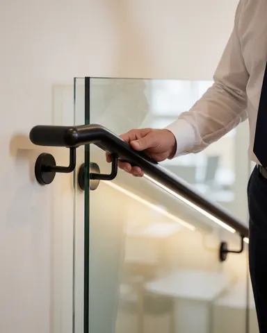 Client touchant une rampe en acier noir nouvellement installée dans un couloir avec vitrage transparent et mur blanc chaud, œuvre d'installation d'escaliers.