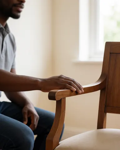 Une main effleure le dossier d'une chaise en bois poli dans un atelier de réparation de meubles lumineux aux murs blancs.