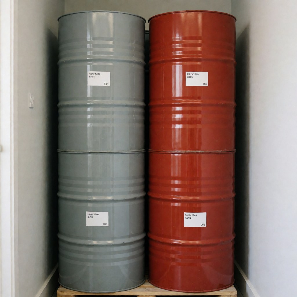 Barils de peinture époxy gris et rouge oxyde sur palette avec étiquettes de code couleur pour stockage industriel.