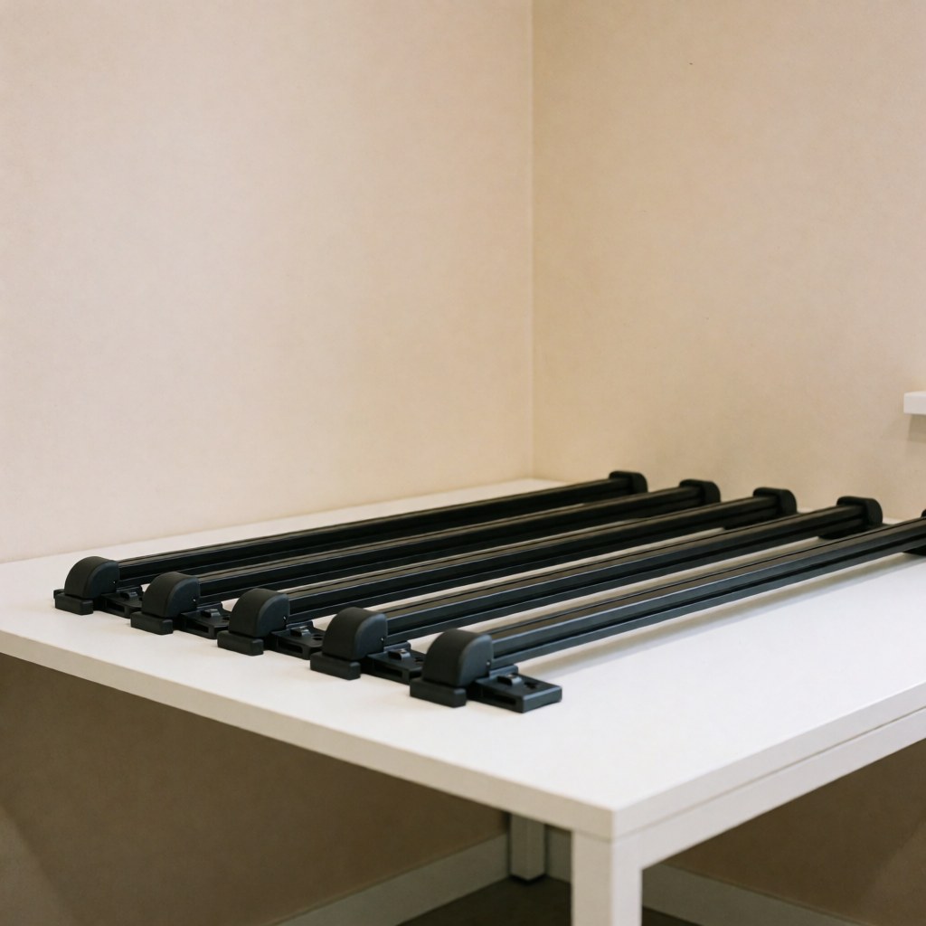 Barres de toit noires pour automobiles avec supports de fixation posées sur une table blanche dans un intérieur aux murs beiges et à l'éclairage professionnel.
