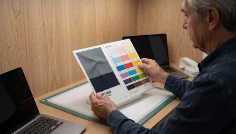 Un professionnel vérifie des échantillons de tissu et des couleurs Pantone dans un bureau aux murs en bois pour la conception d'impressions textiles.