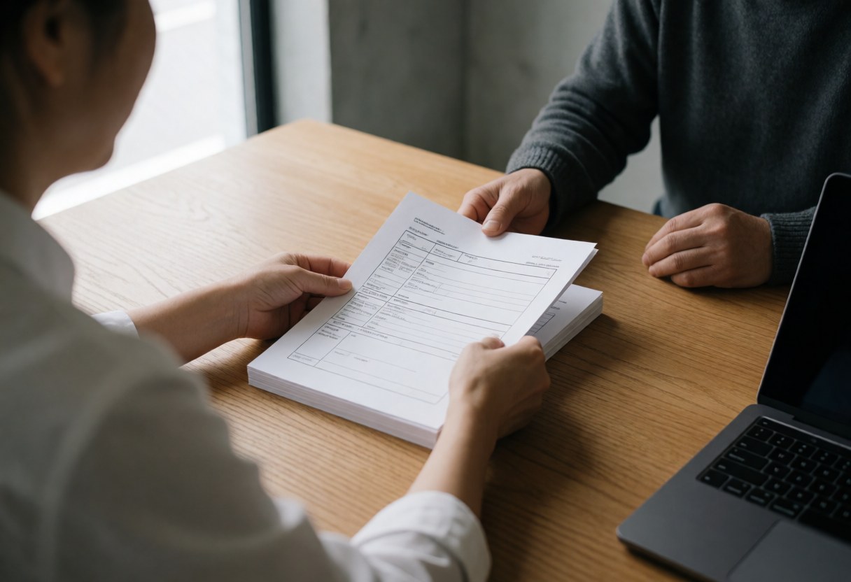 Des mains échangent des documents officiels sur une table en bois dans un bureau avec un mur en béton, illustrant un service de conduite.