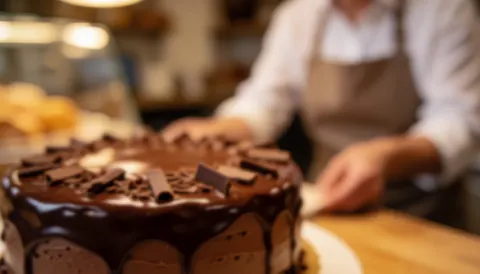 Gâteau au chocolat recouvert d'une ganache brillante et de copeaux, présenté dans une boulangerie avec une éclairage chaleureux et un fond doux adapté au texte.