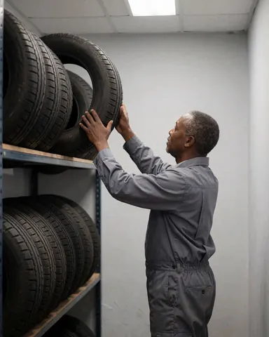 Un mécanicien place un pneu sur une étagère de stockage dans un atelier lumineux aux murs propres, dans une scène réaliste et professionnelle.