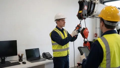 Technicien en grue inspectant le bras avec un outil de diagnostic, portant un casque et un gilet réfléchissant dans un atelier bien éclairé.