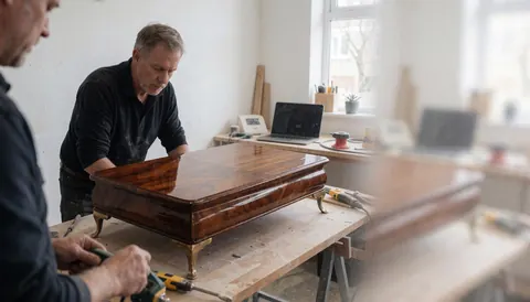 Table en bois restaurée avec un brillant dans un atelier, outils de menuiserie et murs blancs, pour la restauration de meubles.