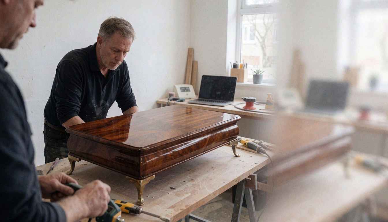 Table en bois restaurée avec un brillant dans un atelier, outils de menuiserie et murs blancs, pour la restauration de meubles.